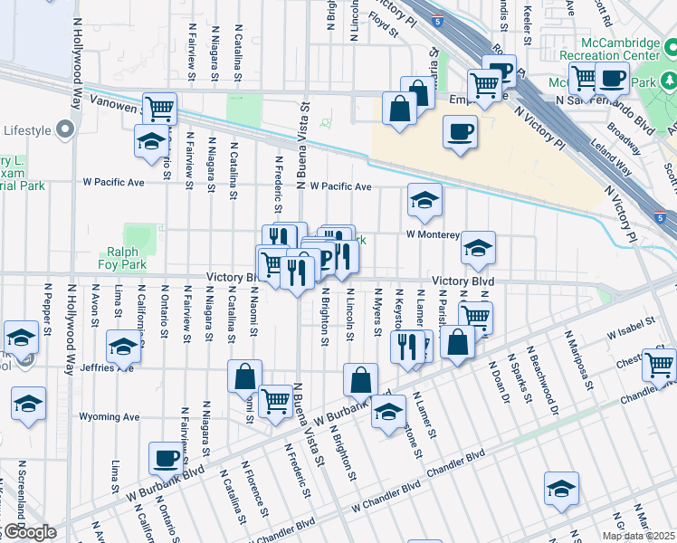 map of restaurants, bars, coffee shops, grocery stores, and more near 2313 West Victory Boulevard in Burbank