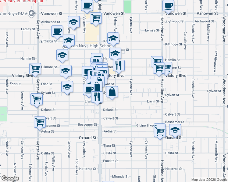 map of restaurants, bars, coffee shops, grocery stores, and more near 14431 Sylvan Street in Los Angeles