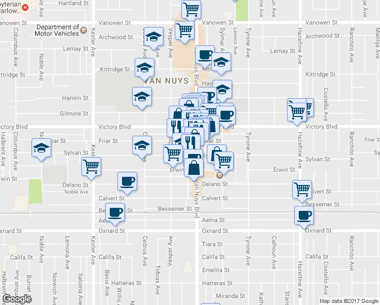 map of restaurants, bars, coffee shops, grocery stores, and more near Sylvan Street in Los Angeles