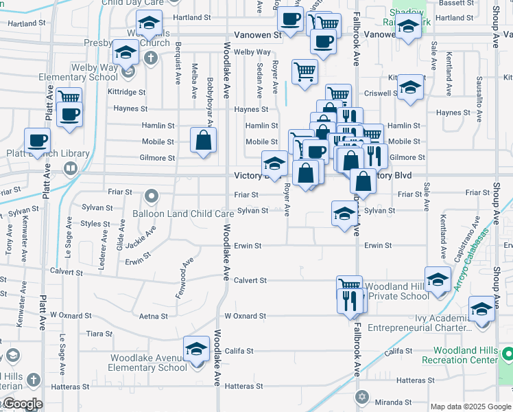 map of restaurants, bars, coffee shops, grocery stores, and more near 23057 Sylvan Street in Los Angeles