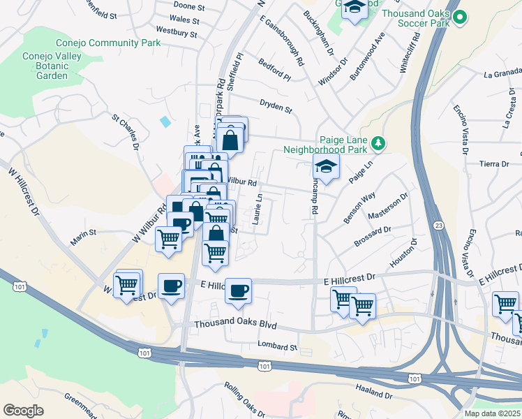 map of restaurants, bars, coffee shops, grocery stores, and more near 550 Laurie Lane in Thousand Oaks