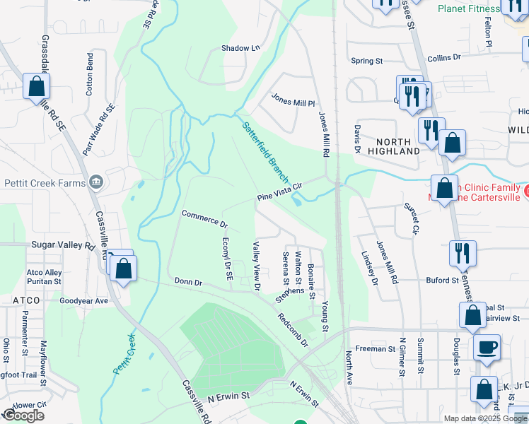 map of restaurants, bars, coffee shops, grocery stores, and more near 19 Pine Vista Circle in Cartersville