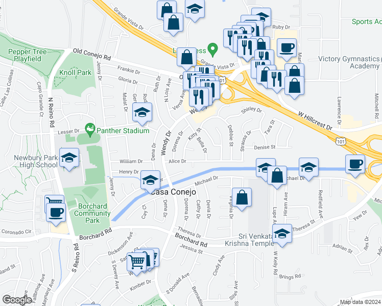 map of restaurants, bars, coffee shops, grocery stores, and more near 3124 Lynn Court in Ventura County