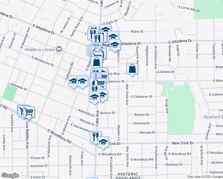 map of restaurants, bars, coffee shops, grocery stores, and more near 2272 Norwic Place in Altadena