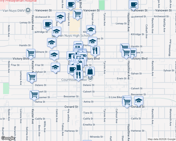 map of restaurants, bars, coffee shops, grocery stores, and more near 14431 Sylvan Street in Los Angeles