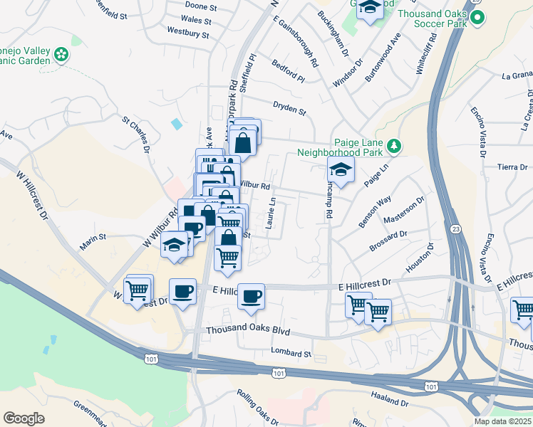 map of restaurants, bars, coffee shops, grocery stores, and more near 555 Laurie Lane in Thousand Oaks