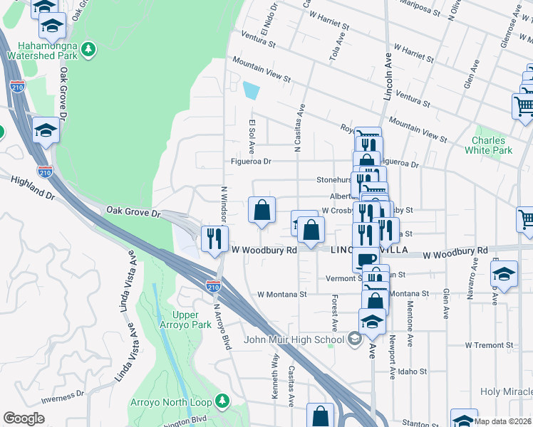 map of restaurants, bars, coffee shops, grocery stores, and more near 710 Alberta Street in Altadena