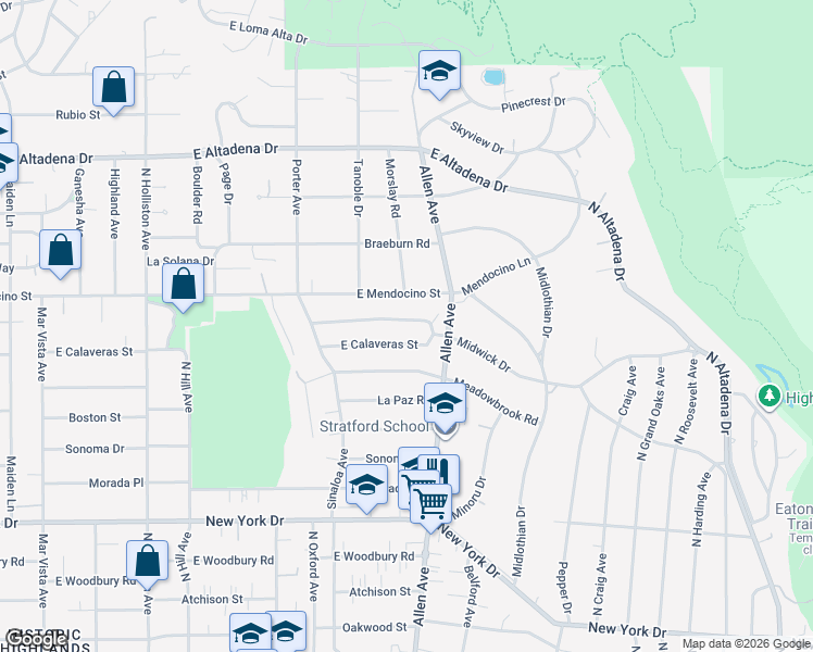 map of restaurants, bars, coffee shops, grocery stores, and more near 1816 Midwick Drive in Altadena