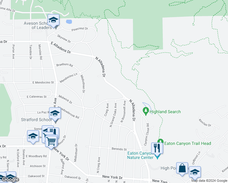 map of restaurants, bars, coffee shops, grocery stores, and more near 2347 North Altadena Drive in Altadena