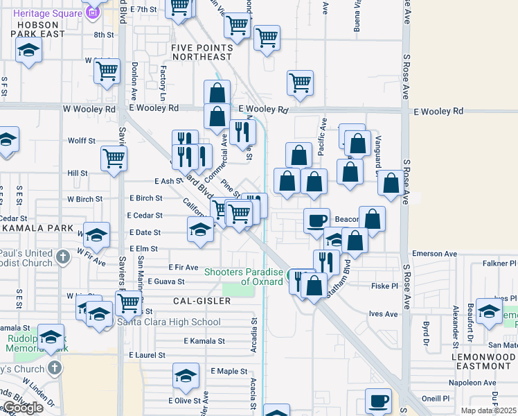 map of restaurants, bars, coffee shops, grocery stores, and more near 1622 Pine Street in Oxnard