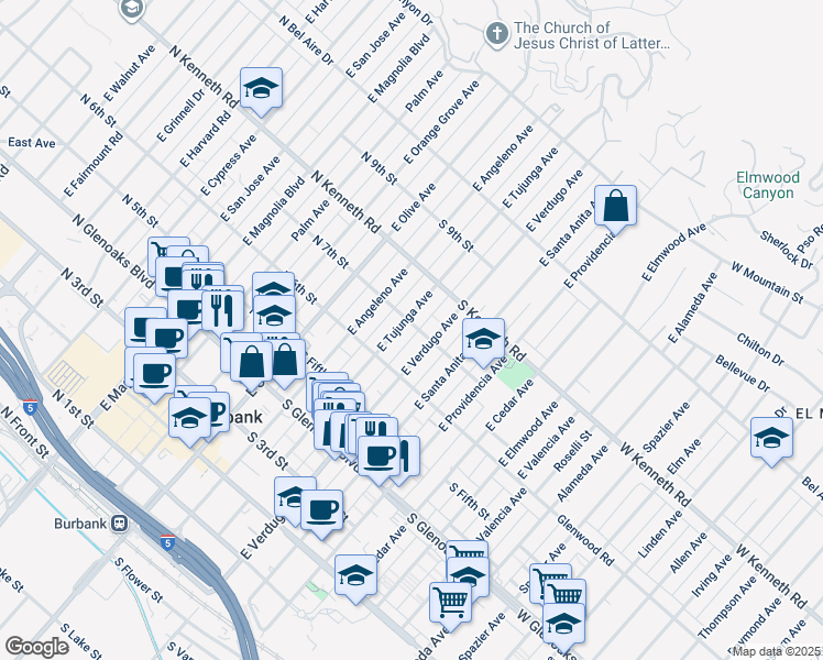 map of restaurants, bars, coffee shops, grocery stores, and more near 638 East Tujunga Avenue in Burbank