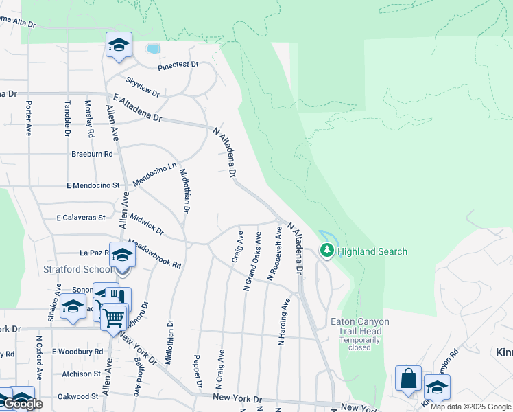 map of restaurants, bars, coffee shops, grocery stores, and more near 2347 North Altadena Drive in Altadena