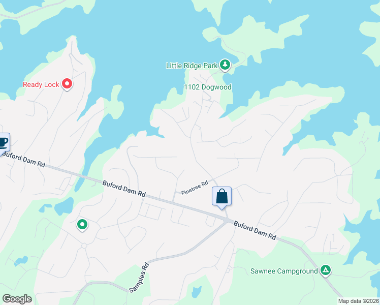 map of restaurants, bars, coffee shops, grocery stores, and more near 2905 Lanier Beach South Road in Cumming