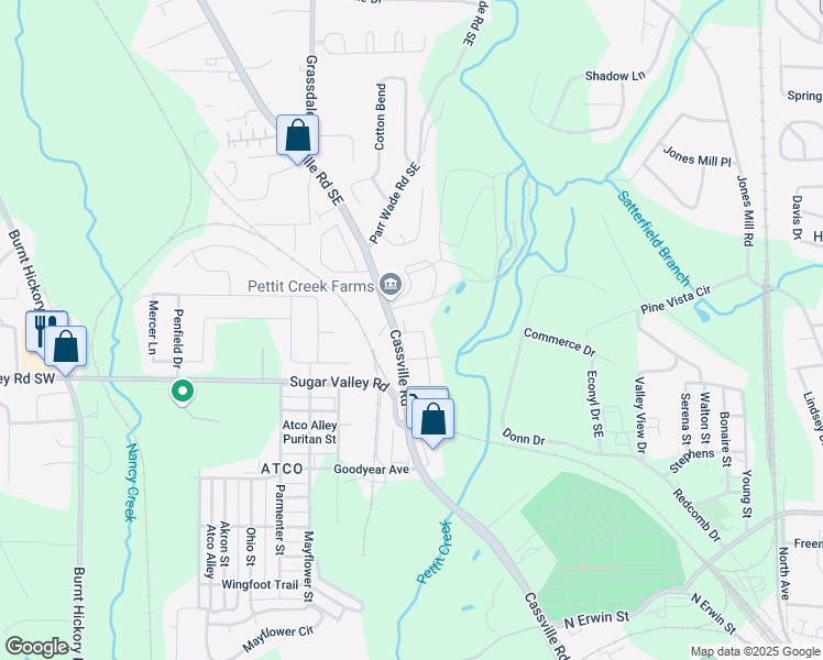 map of restaurants, bars, coffee shops, grocery stores, and more near 119 Fairview Drive Southeast in Cartersville