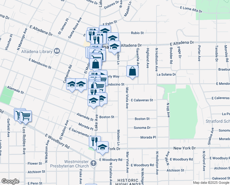 map of restaurants, bars, coffee shops, grocery stores, and more near 2272 Norwic Place in Altadena