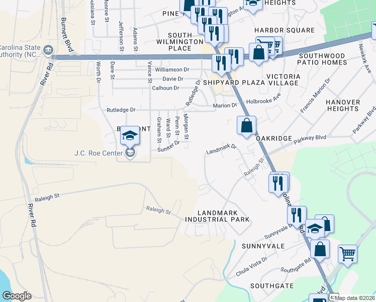 map of restaurants, bars, coffee shops, grocery stores, and more near 406 Sumter Drive in Wilmington