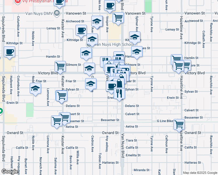 map of restaurants, bars, coffee shops, grocery stores, and more near 14555 Sylvan Street in Los Angeles