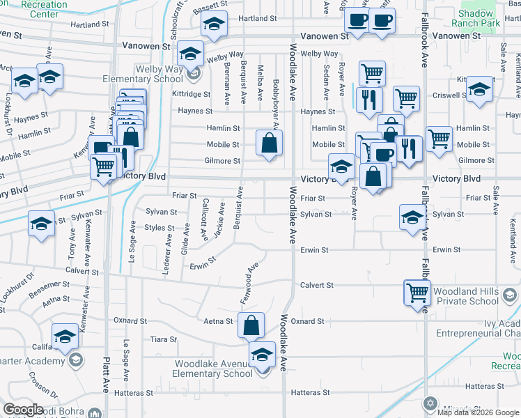 map of restaurants, bars, coffee shops, grocery stores, and more near 23255 Sylvan Street in Los Angeles