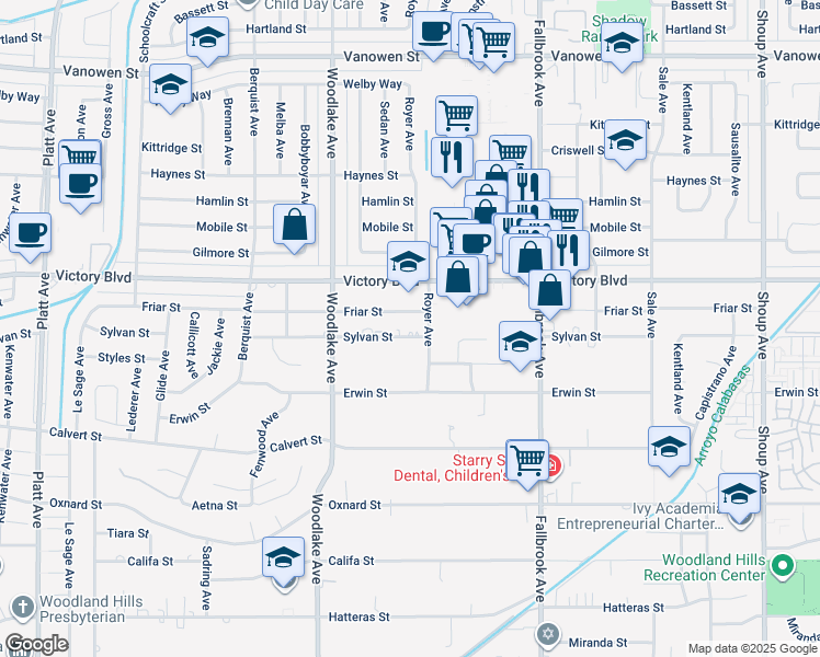 map of restaurants, bars, coffee shops, grocery stores, and more near 23017 Sylvan Street in Los Angeles