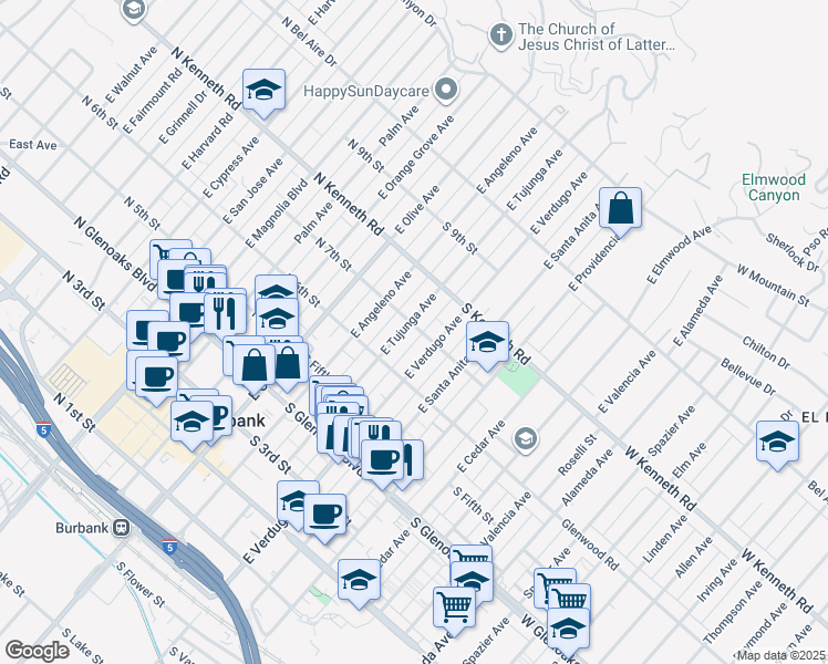 map of restaurants, bars, coffee shops, grocery stores, and more near 638 East Tujunga Avenue in Burbank