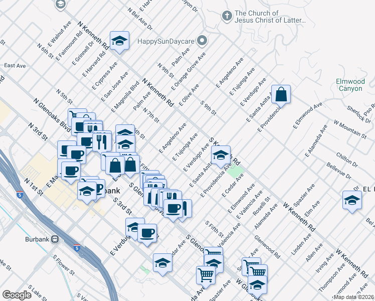 map of restaurants, bars, coffee shops, grocery stores, and more near 638 East Tujunga Avenue in Burbank