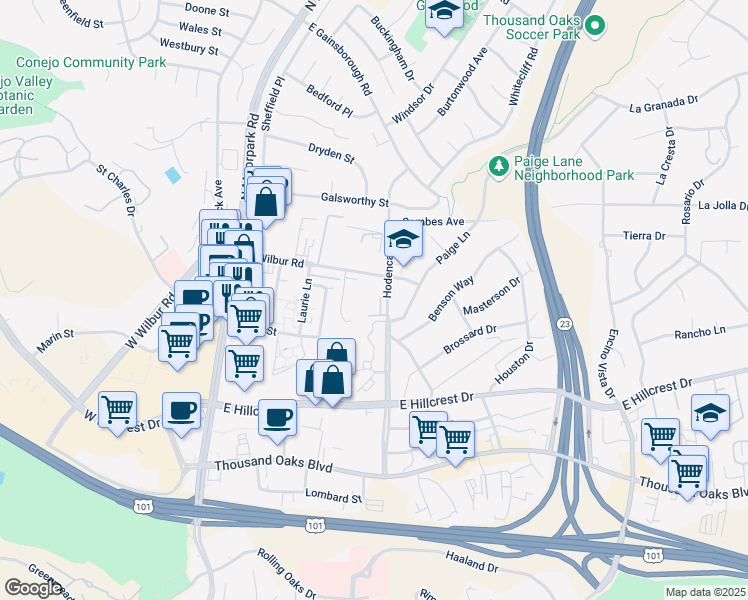 map of restaurants, bars, coffee shops, grocery stores, and more near 482 East Wilbur Road in Thousand Oaks