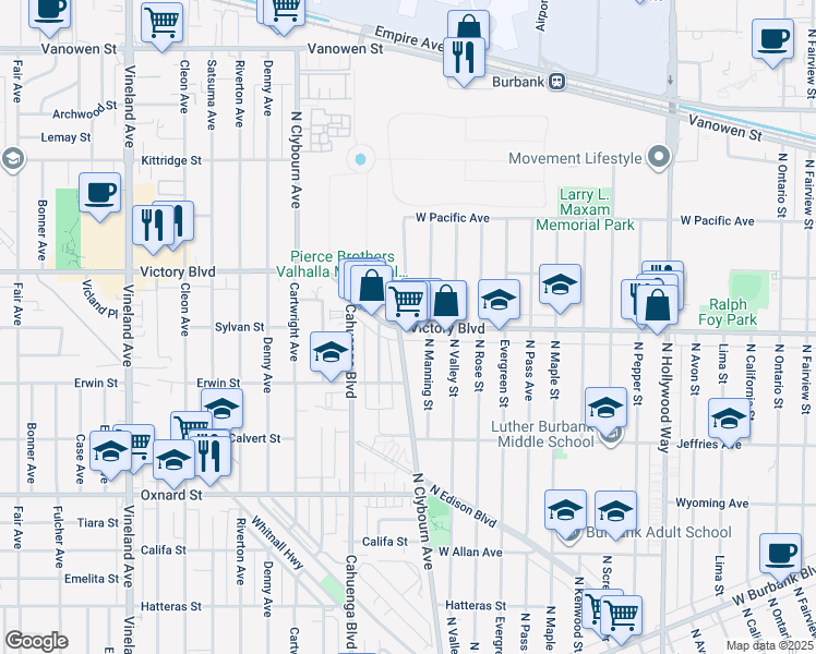 map of restaurants, bars, coffee shops, grocery stores, and more near West Victory Boulevard in Burbank
