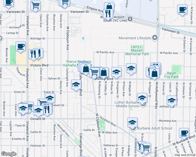 map of restaurants, bars, coffee shops, grocery stores, and more near West Victory Boulevard in Burbank