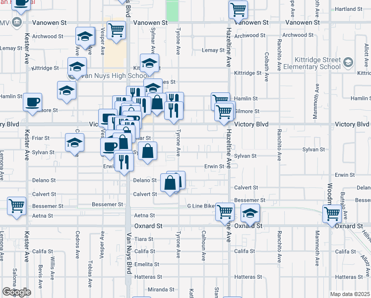 map of restaurants, bars, coffee shops, grocery stores, and more near 14247 Sylvan Street in Los Angeles