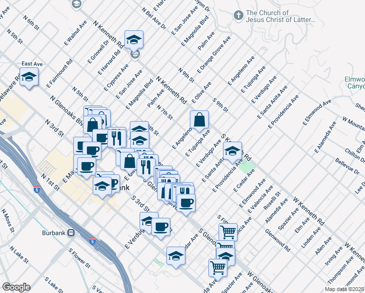 map of restaurants, bars, coffee shops, grocery stores, and more near 614 East Angeleno Avenue in Burbank