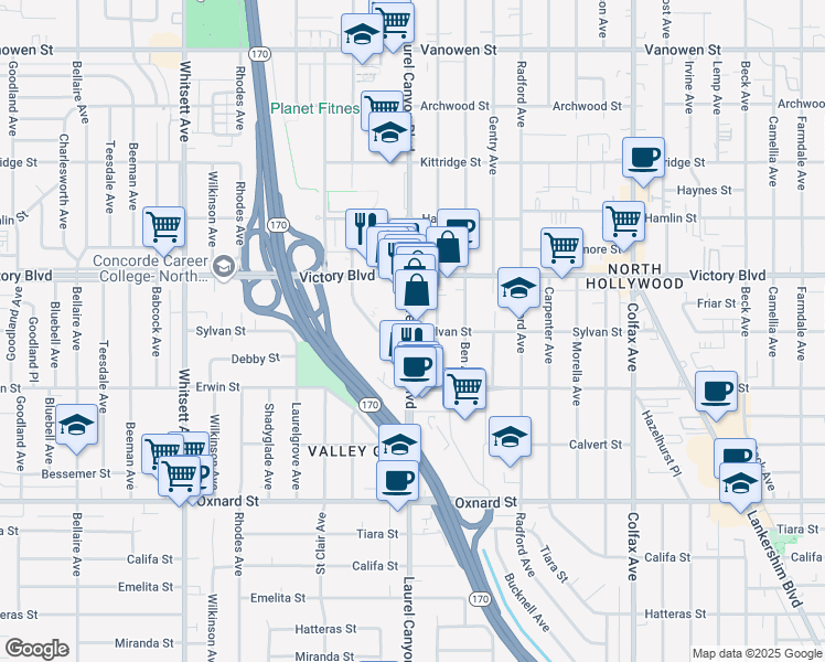 map of restaurants, bars, coffee shops, grocery stores, and more near 4401 Sylvan Street in Los Angeles