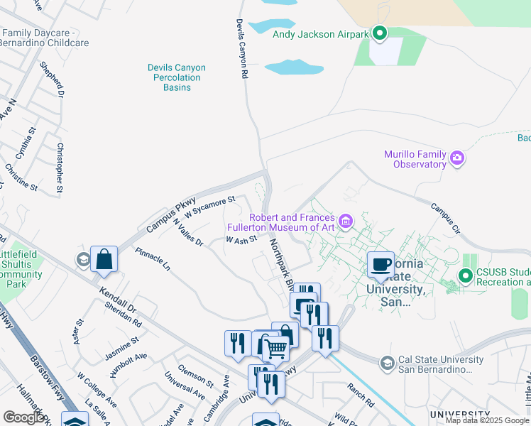 map of restaurants, bars, coffee shops, grocery stores, and more near 5603 North Live Oak Street in San Bernardino