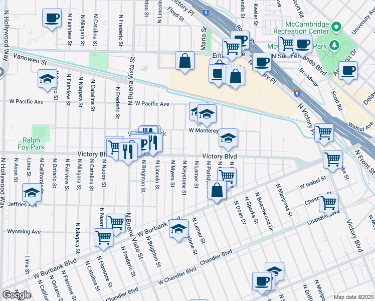 map of restaurants, bars, coffee shops, grocery stores, and more near 1414 North Keystone Street in Burbank