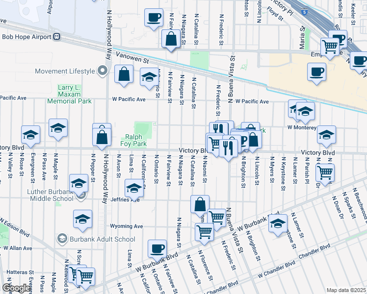 map of restaurants, bars, coffee shops, grocery stores, and more near 2819 West Victory Boulevard in Burbank
