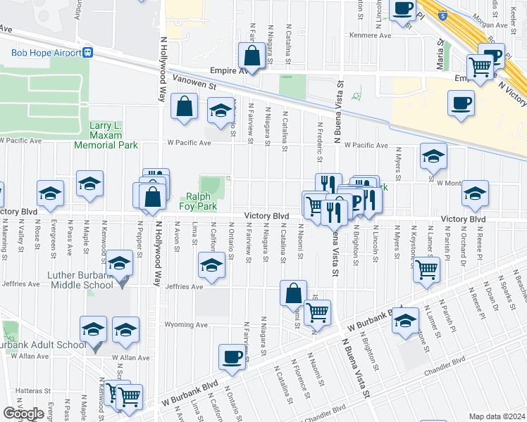 map of restaurants, bars, coffee shops, grocery stores, and more near 2819 West Victory Boulevard in Burbank