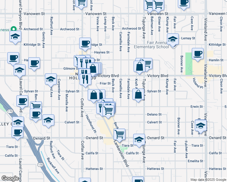 map of restaurants, bars, coffee shops, grocery stores, and more near 6302 Beck Avenue in Los Angeles