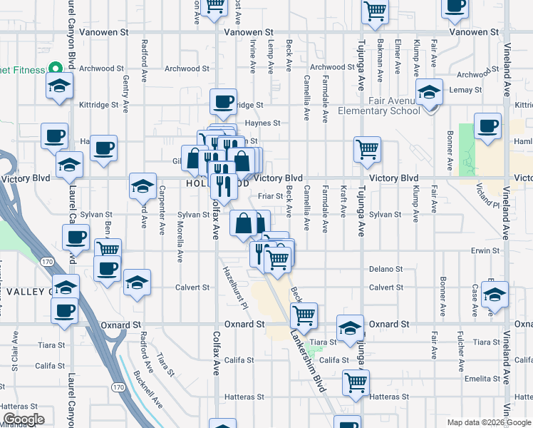 map of restaurants, bars, coffee shops, grocery stores, and more near 11601 Sylvan Street in Los Angeles