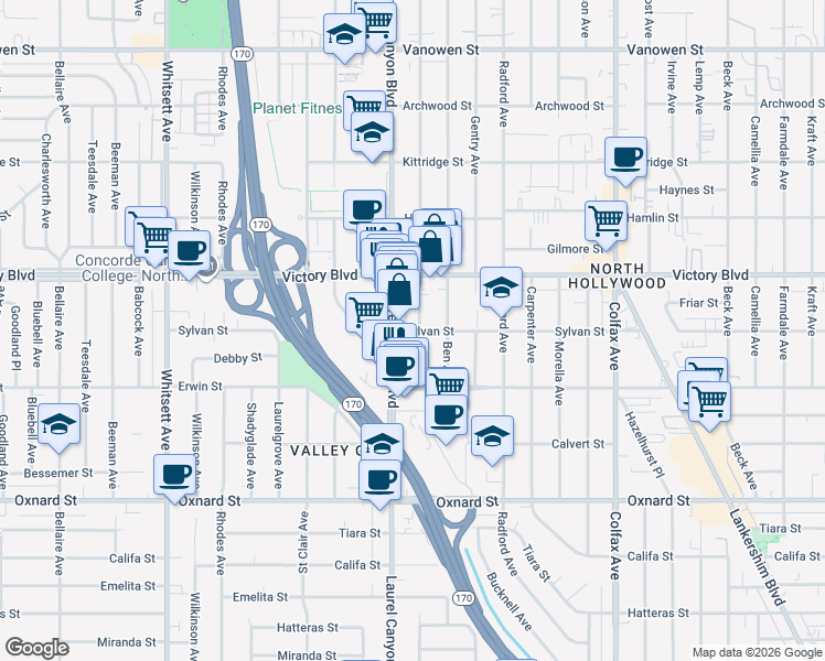 map of restaurants, bars, coffee shops, grocery stores, and more near 6300 Agnes Avenue in Los Angeles