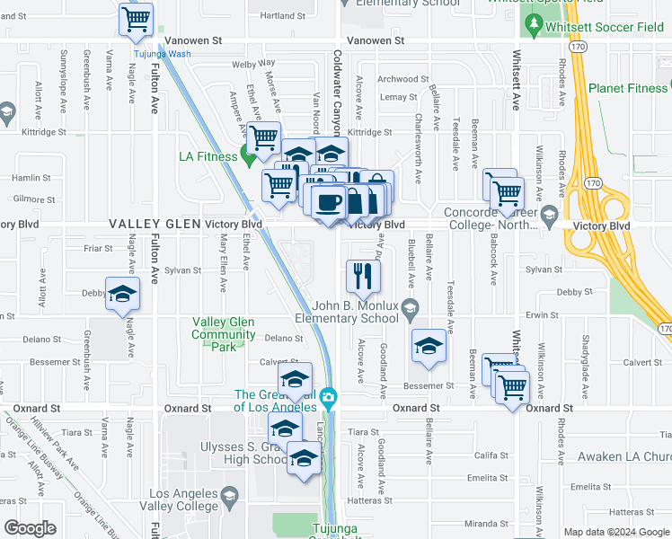 map of restaurants, bars, coffee shops, grocery stores, and more near 6259 Coldwater Canyon Avenue in Los Angeles