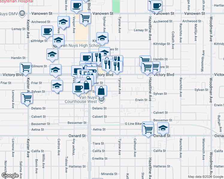 map of restaurants, bars, coffee shops, grocery stores, and more near 14347 Sylvan Street in Los Angeles
