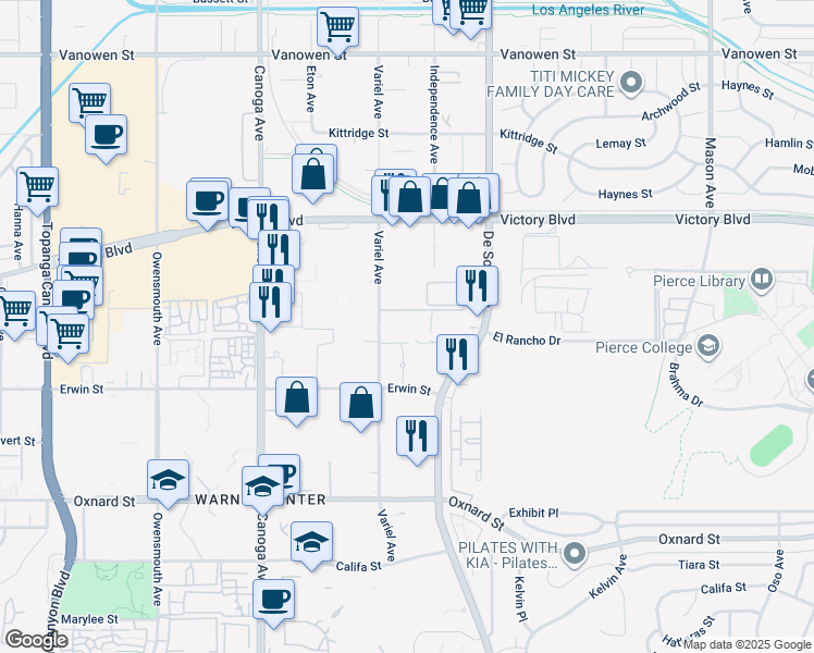 map of restaurants, bars, coffee shops, grocery stores, and more near 6300 Variel Avenue in Los Angeles