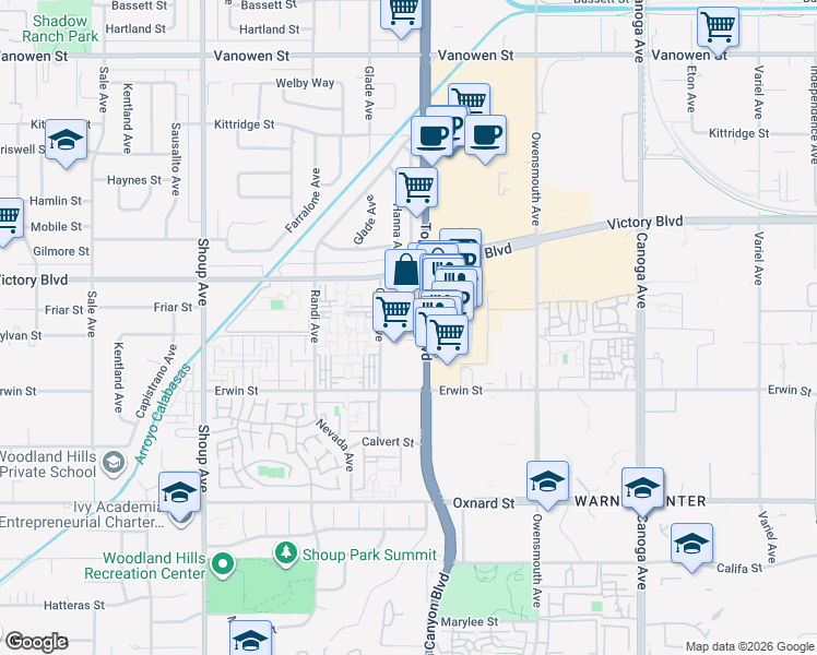 map of restaurants, bars, coffee shops, grocery stores, and more near 6263 Topanga Canyon Boulevard in Los Angeles
