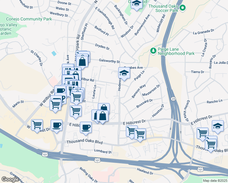 map of restaurants, bars, coffee shops, grocery stores, and more near 482 East Wilbur Road in Thousand Oaks