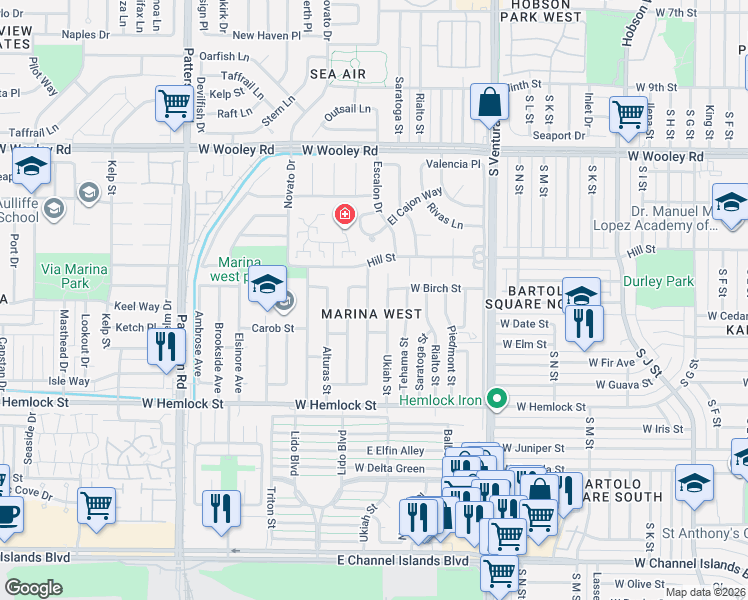 map of restaurants, bars, coffee shops, grocery stores, and more near 1415 Visalia Street in Oxnard