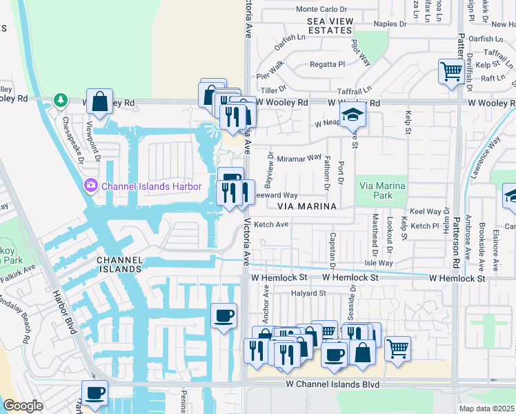 map of restaurants, bars, coffee shops, grocery stores, and more near 3665 Keel Avenue in Oxnard
