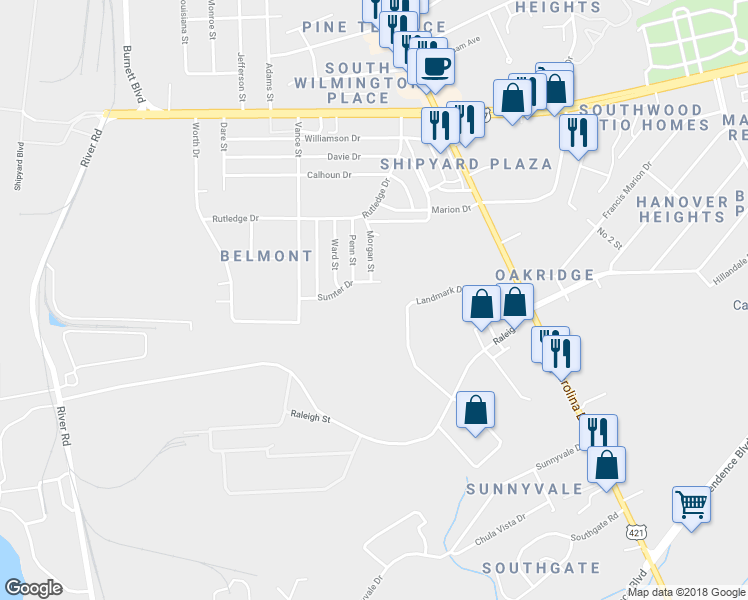 map of restaurants, bars, coffee shops, grocery stores, and more near 406 Sumter Drive in Wilmington