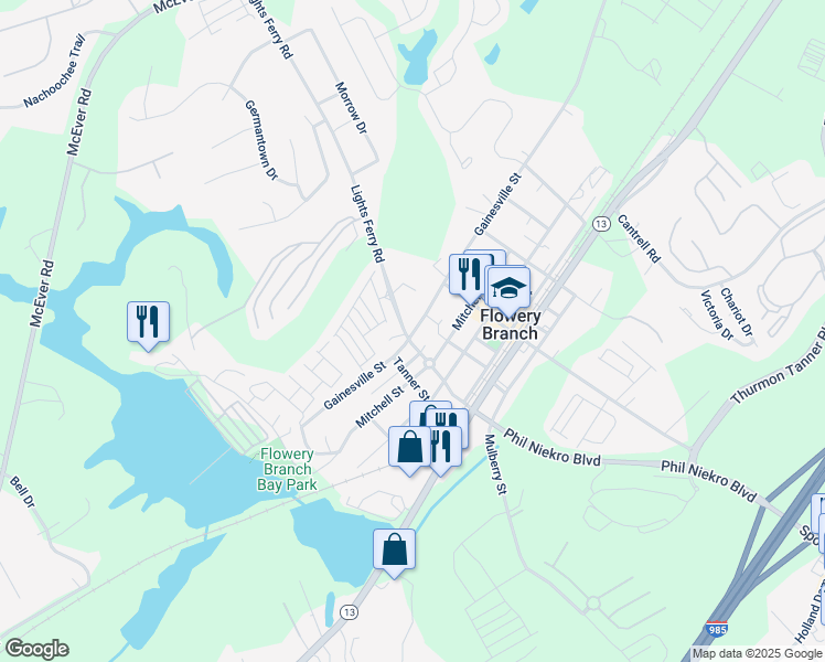 map of restaurants, bars, coffee shops, grocery stores, and more near 5832 Gainesville Street in Flowery Branch