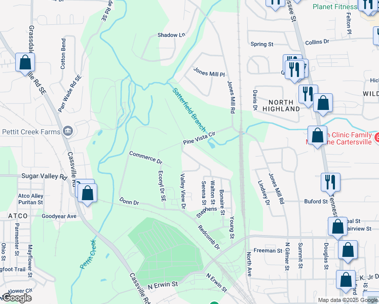 map of restaurants, bars, coffee shops, grocery stores, and more near 19 Pine Vista Circle in Cartersville