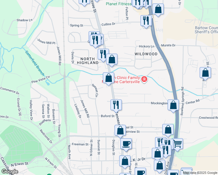 map of restaurants, bars, coffee shops, grocery stores, and more near 912 North Tennessee Street in Cartersville