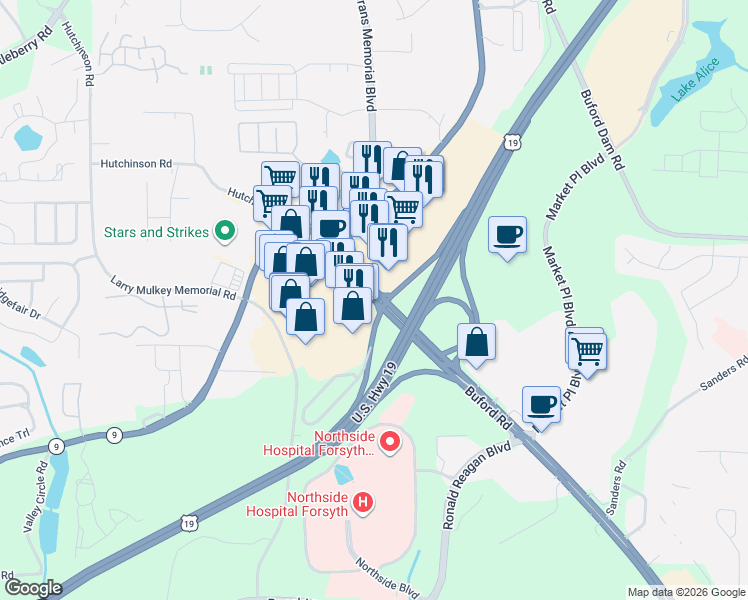 map of restaurants, bars, coffee shops, grocery stores, and more near 675 Buford Road in Cumming